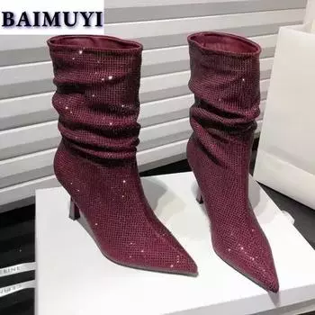 Женские ботильоны на высоком каблуке с острым носком и кристаллами, сексуальная обувь 2025 года, модные роскошные зимние ботинки челси, новые туфли-лодочки Mujer Botas 35 чёрный