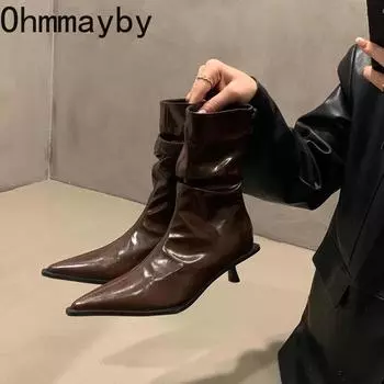 Женские ботильоны на высоком каблуке с плиссировкой, модные туфли с острым носком из мягкой кожи, короткие туфли для вечеринок и танцев, Botas De Mujer 35