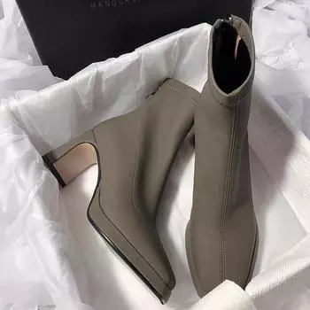 Женские ботильоны на высоком каблуке с квадратным носком, зимние новые готические ботинки-челси на молнии, туфли-лодочки, прогулочные гладиаторские ботинки для мотоциклистов 35