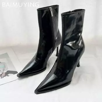 Женские ботильоны на высоком каблуке с острым носком, кожаные туфли, элегантные женские туфли 2025 года, модные туфли-челси, фирменные туфли-лодочки, зимние туфли Botas De Mujer 35 чёрный