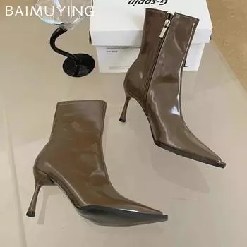 Женские ботильоны на высоком каблуке с острым носком, кожаные туфли, элегантные женские туфли 2025 года, модные туфли-челси, фирменные туфли-лодочки, зимние туфли Botas De Mujer 35 чёрный