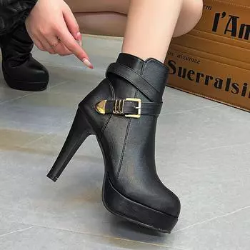 Женские ботильоны на высоком каблуке с боковой молнией, осенне-зимние женские ботинки на платформе, модная обувь больших размеров, черные, бежевые, с пряжкой, короткие ботинки 34 бежевый