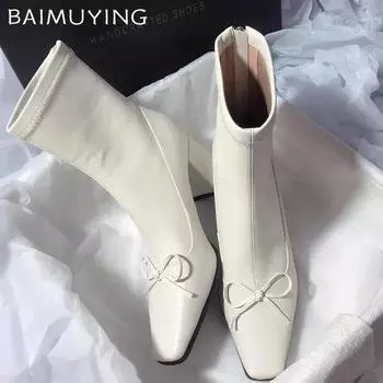 Женские ботильоны на высоком каблуке с бантом, массивные элегантные кожаные туфли, женские зимние туфли-лодочки 2025 года, брендовые готические снежные туфли Chelsea Botas Mujer 35 бежевый