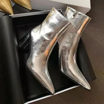 Женские ботильоны на высоком каблуке, сексуальные кожаные туфли с острым носком, тренд 2024 года, роскошные зимние сапоги, туфли-лодочки, элегантные ботинки челси, женская обувь 34 золотой