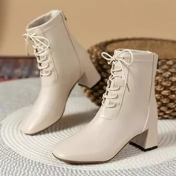 Женские ботильоны на высоком толстом каблуке с квадратной застежкой-молнией, женские кожаные ботинки из искусственной кожи со шнуровкой, рыцарские ботинки ручной работы Botas Mujer 35
