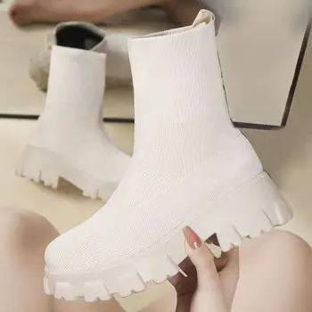 Женские ботильоны-носки Короткие вязаные ботинки на платформе Ботинки весна-осень для женщин Ботильоны на толстом каблуке Ботинки без застежек в стиле ретро Mujer 36 бежевый