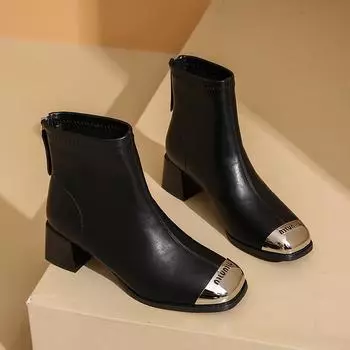Женские ботильоны, новая мода на открытом воздухе, квадратный каблук, 2024, горячая распродажа, однотонные, толстые, с молнией сзади, круглая женская обувь 34 чёрный