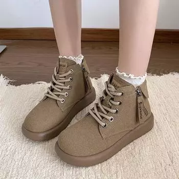 Женские ботильоны, новые модные замшевые ботинки со шнуровкой и молнией сбоку, с круглым носком, осенне-зимние женские туфли на высокой платформе 35