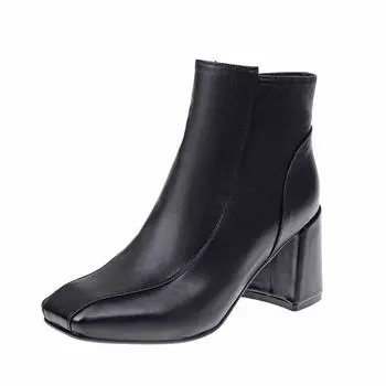 Женские ботильоны осень 2024 года, новые модные красные туфли на высоком каблуке с квадратным носком, повседневные женские черные короткие ботинки с боковой молнией Botas Mujer 35 чёрный