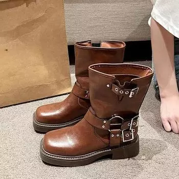 Женские ботильоны осенние рабочие модные элегантные панк новые в черном цвете роскошный низкий каблук круглый носок кожа 35