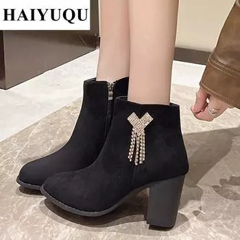 Женские ботильоны с бахромой из кристаллов, замшевые туфли на высоком каблуке, роскошные брендовые зимние новые модные ботинки челси, туфли-лодочки на молнии для вечеринок, женские 36