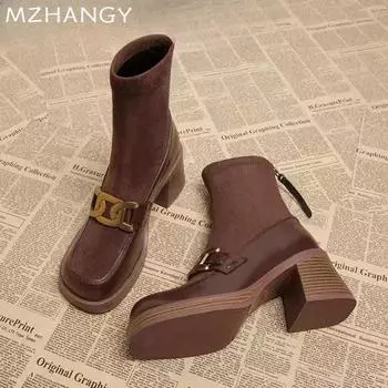 Женские ботильоны с цепочкой, массивные, замшевые, на высоком каблуке, женская обувь 2024 года, новые тенденции, ботинки челси, туфли-лодочки, зимние готические женские ботинки 35