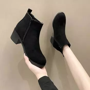Женские ботильоны с круглым носком и толстым каблуком, осенне-зимние, флокированные ботинки челси с боковой молнией для женщин, повседневная обувь на каблуке для активного отдыха 35 чёрный
