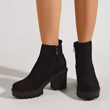 Женские ботильоны с круглым носком, короткие ботинки на высоком массивном каблуке на молнии, лаконичная женская модная обувь, осень-зима, черные 43