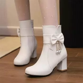 Женские ботильоны с круглым носком на толстом высоком каблуке с застежкой-молнией и бантом на цепочке, короткие ботинки, женская модная обувь, зимняя обувь черного, белого, розового цвета 43 33 чёрный
