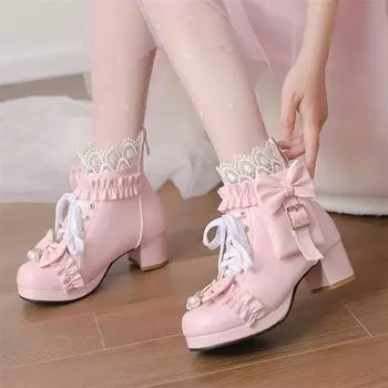 Женские ботильоны с круглым носком, на толстом среднем каблуке, кавайный лук, пряжка, шнуровка, молния, короткие ботинки Лолиты, женская обувь для косплея, Winter43 33 чёрный