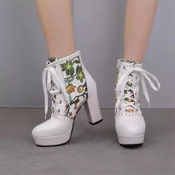 Женские ботильоны с круглым носком на толстом высоком каблуке и платформе с вышивкой на шнуровке разных цветов, женская модная зимняя обувь 33 чёрный