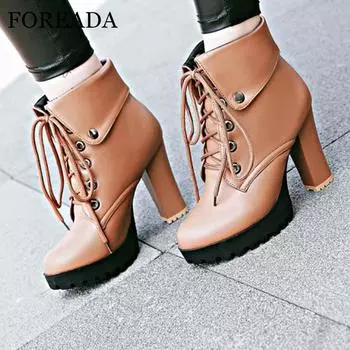 Женские ботильоны с круглым носком на платформе, короткие ботинки на толстом высоком каблуке и шнуровке, женская модная обувь, осенне-зимняя белая обувь 43 35 чёрный