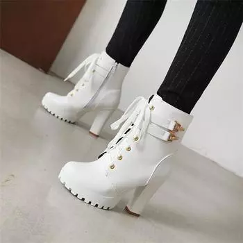 Женские ботильоны с круглым носком на платформе, на толстом высоком каблуке, на шнуровке, на молнии, короткие ботинки, женская модная обувь, осень-зима 43 34 чёрный