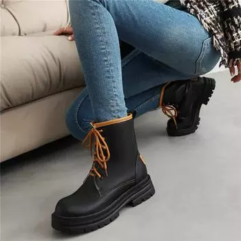 Женские ботильоны с круглым носком на платформе, армейские ботинки на массивном среднем каблуке со шнуровкой, женская модная обувь, зимняя черная обувь 43