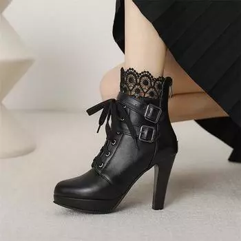 Женские ботильоны с круглым носком на высоком каблуке и платформе с пряжкой на шнуровке и молнией Короткие ботинки Женская модная обувь осень-зима 33 чёрный