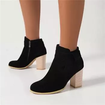 Женские ботильоны с круглым носком на толстом высоком каблуке на молнии, короткие ботинки на молнии, лаконичная женская модная повседневная обувь, зимняя черная, коричневая 43 34 коричневый