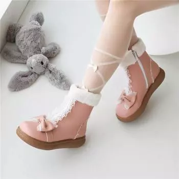 Женские ботильоны с круглым носком на плоской платформе, на среднем каблуке с бантом и молнией на платформе с оборками, меховые короткие ботинки, женская модная обувь, зимняя обувь