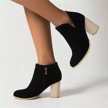 Женские ботильоны с круглым носком на толстом высоком каблуке на молнии, короткие ботинки на молнии, лаконичная женская модная обувь, осень-зима, коричневый, черный 43 34 чёрный