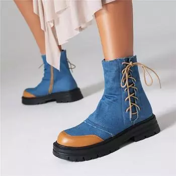 Женские ботильоны с круглым носком на платформе и блочном каблуке, разноцветные короткие ботинки на молнии на шнуровке, женская обувь, осень-зима 43 35 синий