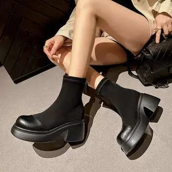 Женские ботильоны с круглым носком на платформе, короткие ботинки на толстом высоком каблуке и молнии, лаконичная женская модная обувь, зимняя черная, коричневая 43 34 чёрный
