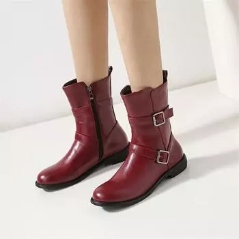 Женские ботильоны с круглым носком на плоской подошве, короткие ботинки с застежкой-молнией и пряжкой, лаконичная женская модная обувь, осень-зима, черный, красный, коричневый 45 33 чёрный