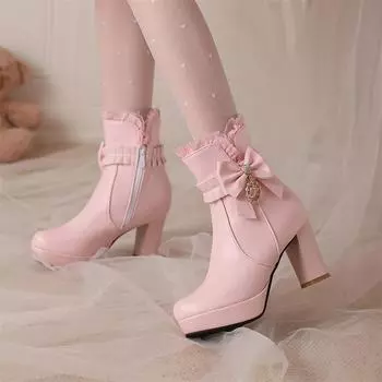 Женские ботильоны с круглым носком на массивном высоком каблуке с металлическими украшениями, короткие ботинки на платформе и молнии с бантом, женская обувь, зимняя 43 33 чёрный