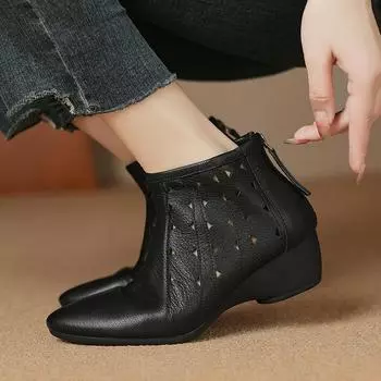 Женские ботильоны с круглым носком на толстом каблуке, сращивание натуральной кожи, женская обувь на осень 2024 года, новые офисные туфли для женщин 34 чёрный