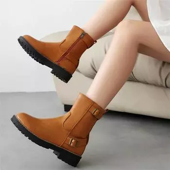 Женские ботильоны с круглым носком на платформе, короткие ботинки на толстом среднем каблуке с пряжкой и молнией, женская модная обувь, осень-зима, коричневые 43
