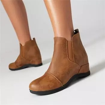 Женские ботильоны с круглым носком, увеличивающие высоту, на среднем каблуке, короткие ботинки «Челси», женская модная обувь, осень-зима, черные 43 33 бежевый