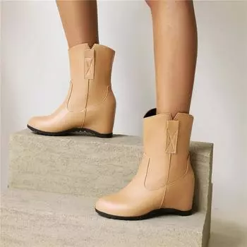 Женские ботильоны с круглым носком, увеличивающие высоту, на высоком каблуке, короткие ботинки в стиле вестерн, женская модная обувь, осень-зима, абрикосовый цвет