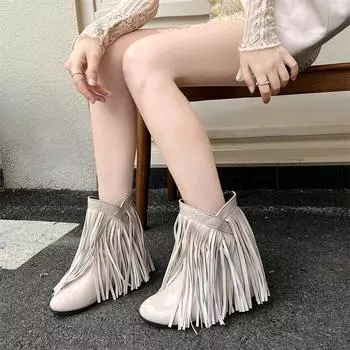 Женские ботильоны с круглым носком, увеличивающим рост, с кисточками на среднем каблуке, короткие ботинки, женская модная обувь, осень-зима, бежевый, черный 34 бежевый