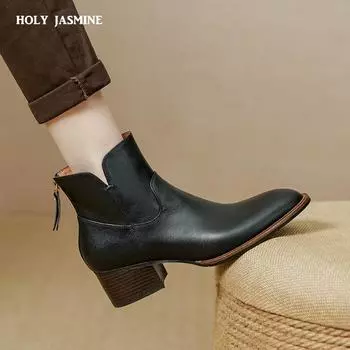 Женские ботильоны с круглым носком, застежкой-молнией, на толстом каблуке, из натуральной кожи, женские офисные туфли для женщин 2024 года, осень-зима, винтаж, для зрелых людей 34 чёрный