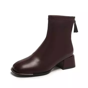 Женские ботильоны с квадратным носком, эластичные туфли из флока, на тонком среднем каблуке, черные/коричневые/бежевые, с застежкой-молнией сзади, женские размеры 34-40 35
