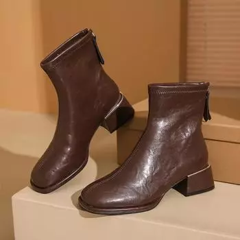 Женские ботильоны с квадратным носком, эластичные туфли из флока, на тонком среднем каблуке, черные/коричневые/бежевые, с застежкой-молнией сзади, женские размеры 34-40 34 чёрный