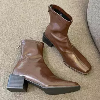 Женские ботильоны с квадратным носком, эластичные туфли из флока, на тонком среднем каблуке, черные/коричневые/бежевые, с застежкой-молнией сзади, кожаные женские ботинки I03 35