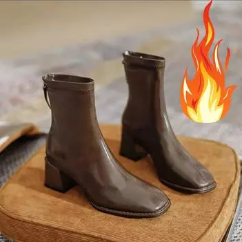 Женские ботильоны с квадратным носком, эластичные туфли из флока, на тонком среднем каблуке, черные/коричневые/бежевые, с застежкой-молнией сзади, женские размеры 34-40 35 чёрный