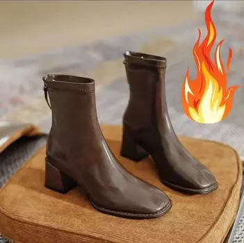 Женские ботильоны с квадратным носком, эластичные туфли из флока, на тонком среднем каблуке, черные/коричневые/бежевые, с застежкой-молнией сзади, женские размеры 34-40 35