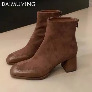 Женские ботильоны с квадратным носком, элегантные замшевые туфли на высоком каблуке, тренд 2025 года, модные зимние туфли-лодочки на толстой подошве, классические готические туфли-челси 35 чёрный