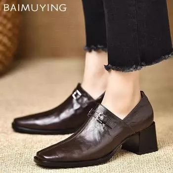 Женские ботильоны с квадратным носком, элегантные кожаные туфли на среднем каблуке, тренд 2025 года, зимние новые брендовые дизайнерские туфли на толстом каблуке в готическом стиле Botas Mujer 35 чёрный