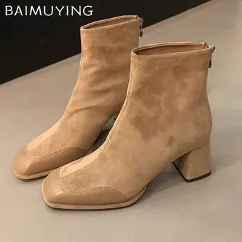 Женские ботильоны с квадратным носком, элегантные замшевые туфли на высоком каблуке, тренд 2025 года, модные зимние туфли-лодочки на толстой подошве, классические готические туфли-челси 35 чёрный