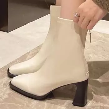 Женские ботильоны с квадратным носком, флоковые эластичные туфли на тонком среднем каблуке, черные/коричневые/бежевые, с застежкой-молнией сзади, женские размеры 34-40 35 бежевый