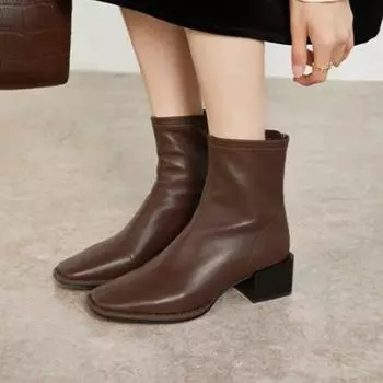 Женские ботильоны с квадратным носком, флоковые эластичные туфли на тонком среднем каблуке, черные/коричневые/бежевые, с застежкой-молнией сзади, женские размеры 34-40 35 коричневый