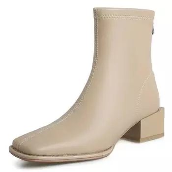 Женские ботильоны с квадратным носком, флоковые эластичные туфли на тонком среднем каблуке, черные/коричневые/бежевые, с застежкой-молнией сзади, женские размеры 34-40 34 бежевый