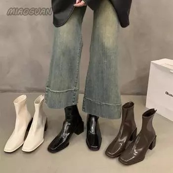 Женские ботильоны с квадратным носком и молнией сзади, женские туфли, винтажные квадратные высокие каблуки 2024, осенние женские коричневые короткие ботильоны 35 чёрный